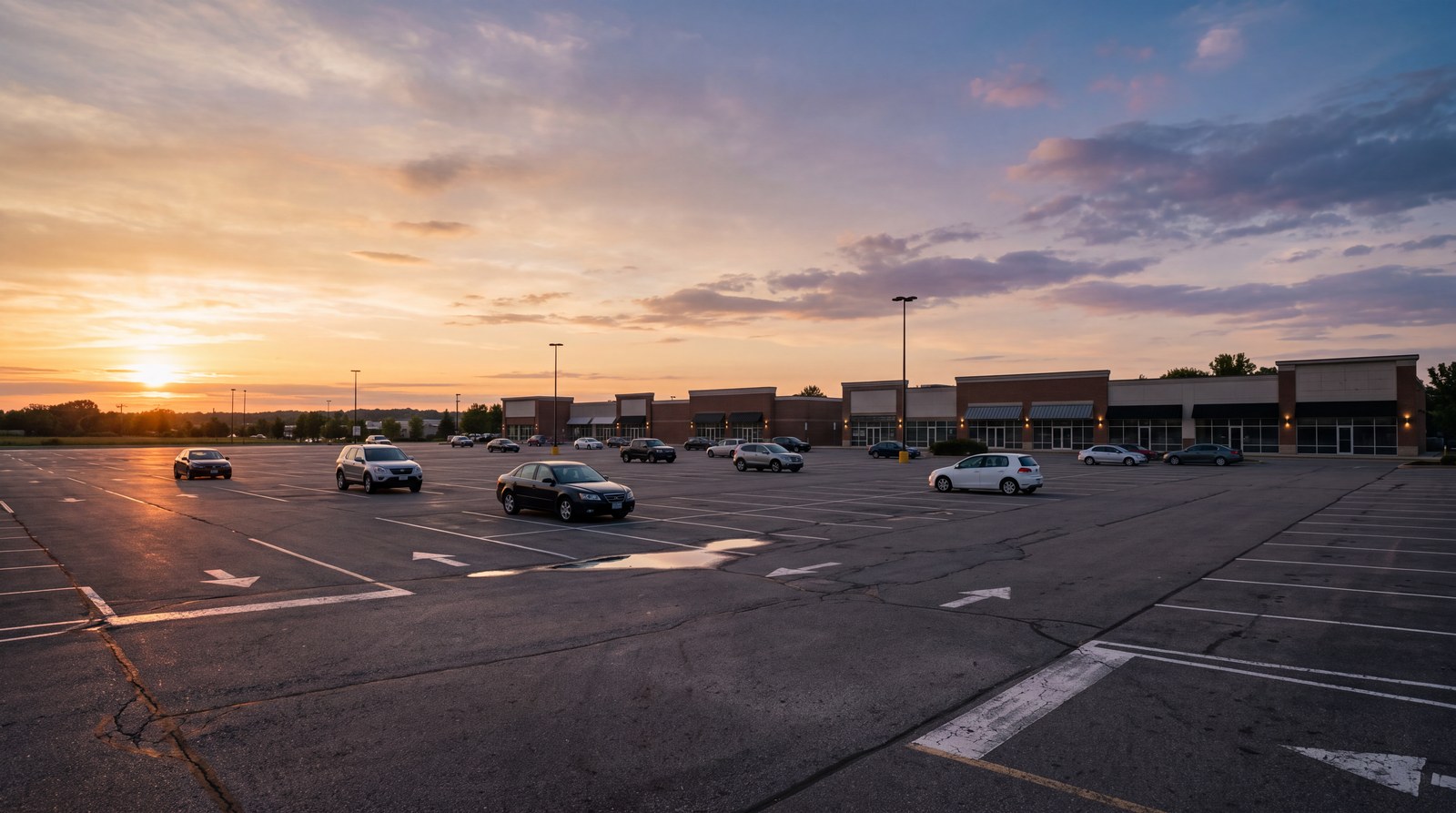 A sparsely occupied suburban retail parking lot at dusk, with wide empty stretches of asphalt between parked cars.
