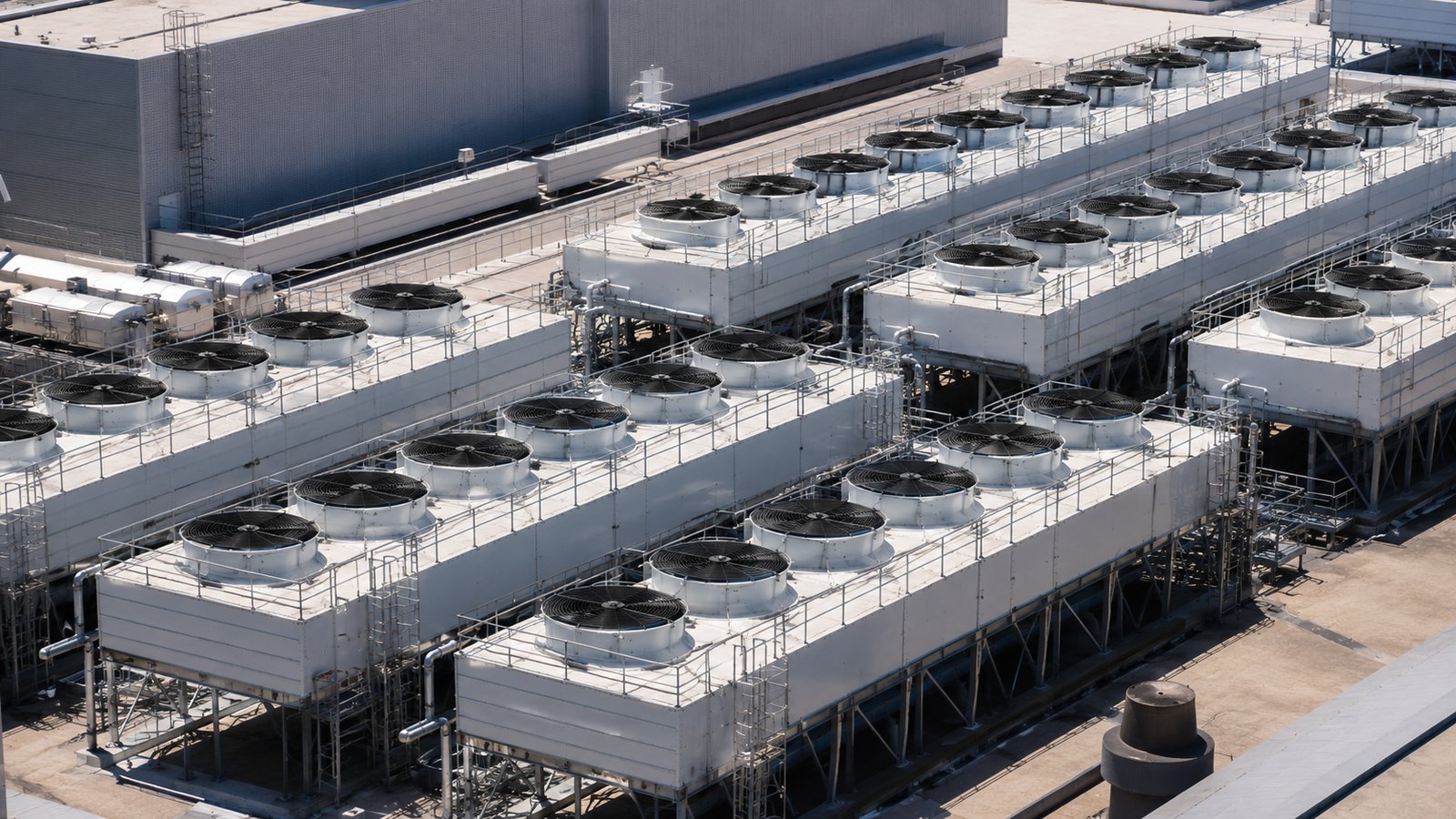 Rows of industrial cooling units on a data center rooftop under bright daylight.