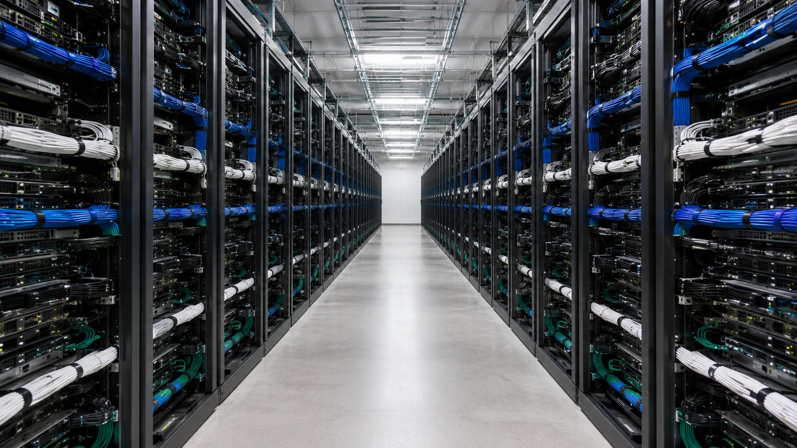 A long aisle between two rows of server racks in a data center, lit evenly in white light.