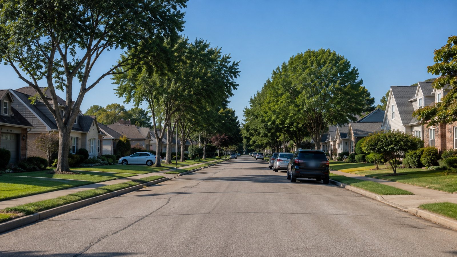 A quiet suburban residential street with mature trees on a bright clear morning.