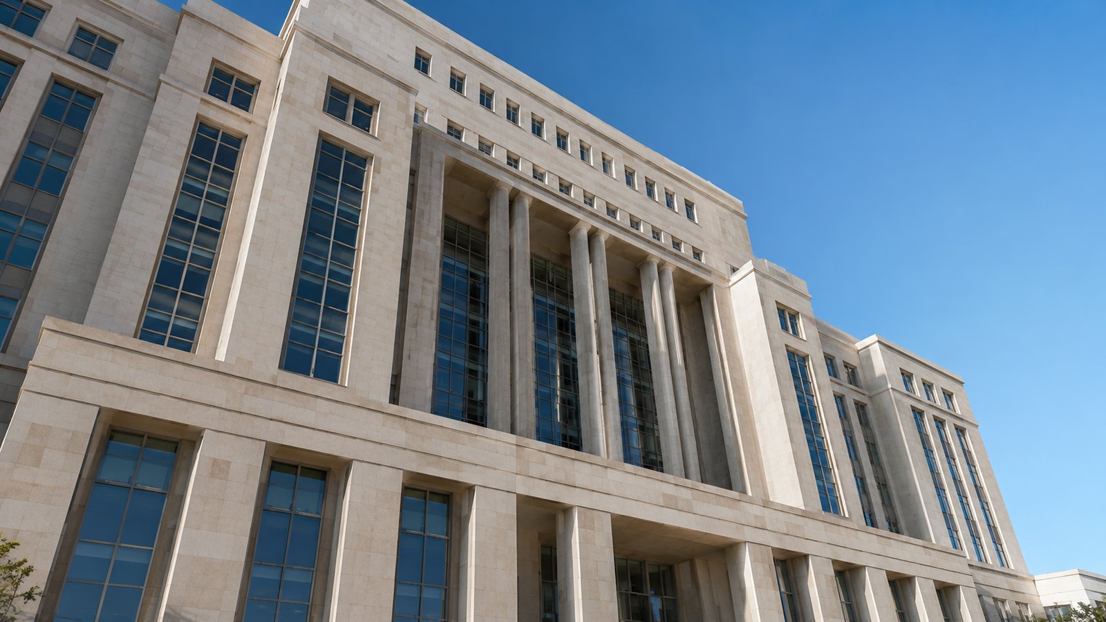 A large neoclassical government building in bright daylight, photographed from a low angle against a clear sky.
