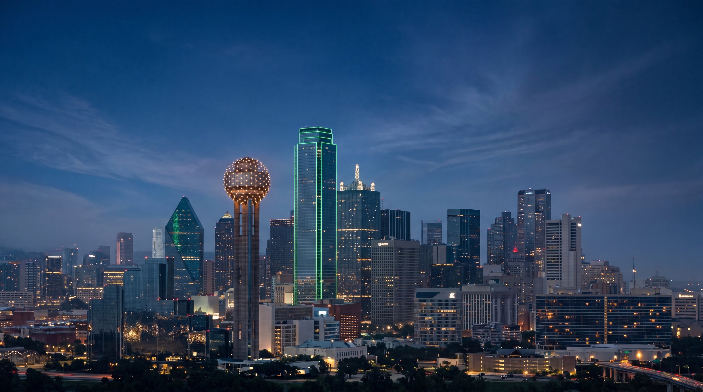 Downtown Dallas skyline at dusk