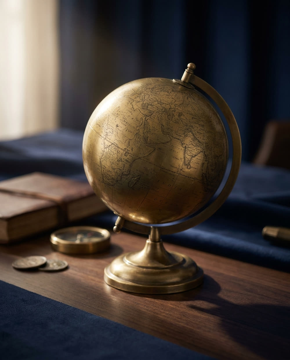 A brass globe on a walnut desk